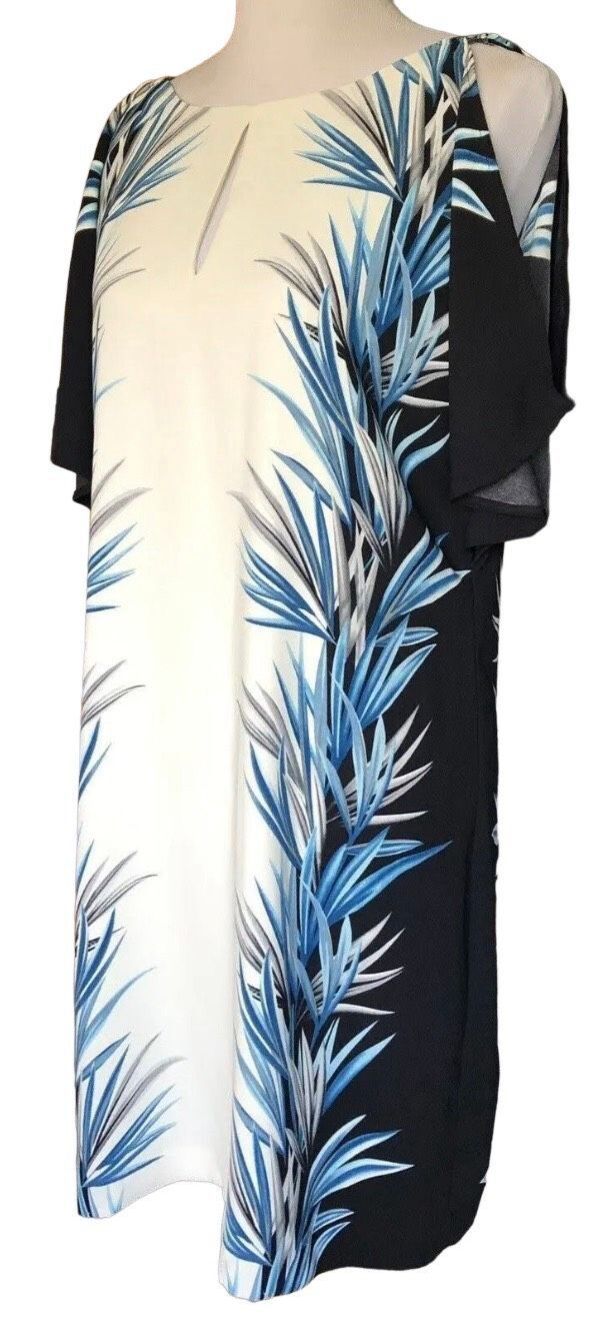 White House Black Market palm print shift cold shoulder dress - Size 8 - Picture 2 of 15